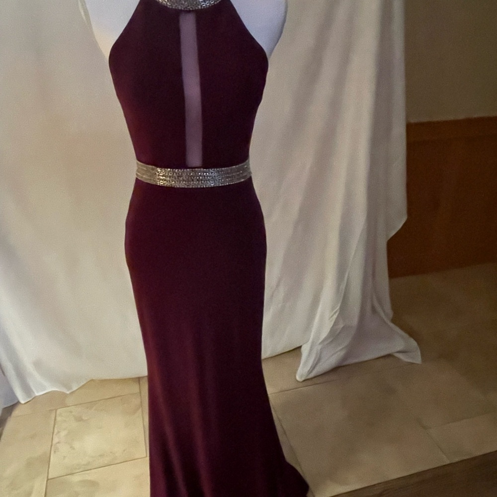 Aviana Deep Burgundy Backless Dress with Silver Details
